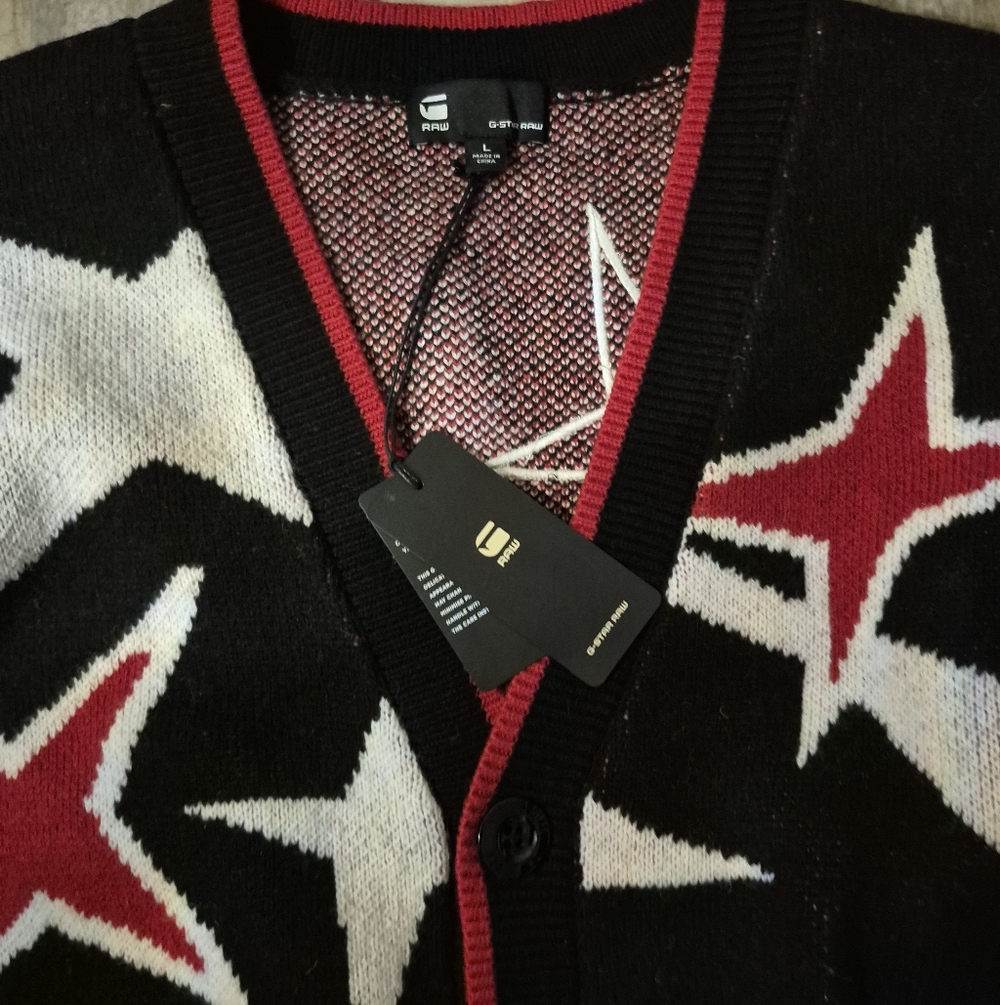 G-Star Knit Cardigan Sweater Loose Fit  Festive Wool Blend Graphic Star L NWT - Picture 5 of 10
